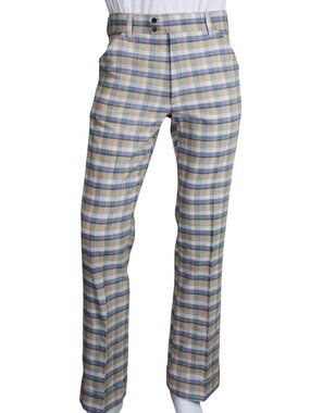 Vintage 70s Farah Plaid Pants 34x32 Blue Tan Double Knit Disco Slacks